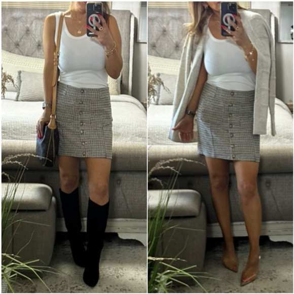 New🍂Mocha Twist Chic Houndstooth Button-Front Skirt - Picture 1 of 9